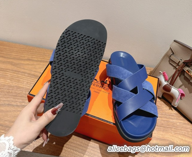 Luxurious Hermes Kazimir Flat Slides Sandal in Woven Suede and Calfskin Leather Royal Blue 0419092