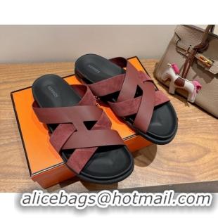 Pretty Style Hermes Kazimir Flat Slides Sandal in Woven Suede and Calfskin Leather Burgundy 0419093