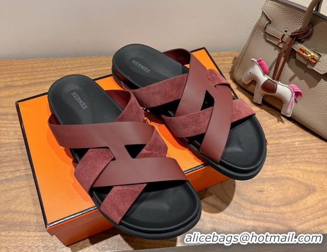 Pretty Style Hermes Kazimir Flat Slides Sandal in Woven Suede and Calfskin Leather Burgundy 0419093