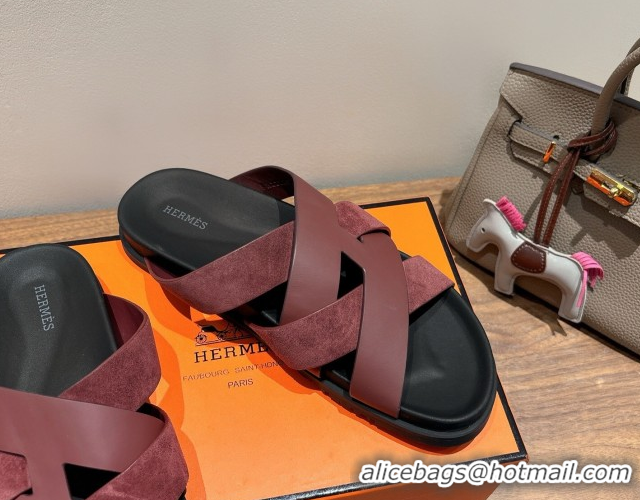 Pretty Style Hermes Kazimir Flat Slides Sandal in Woven Suede and Calfskin Leather Burgundy 0419093