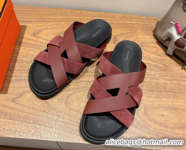 Pretty Style Hermes Kazimir Flat Slides Sandal in Woven Suede and Calfskin Leather Burgundy 0419093