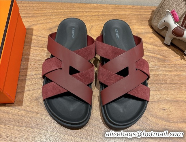 Pretty Style Hermes Kazimir Flat Slides Sandal in Woven Suede and Calfskin Leather Burgundy 0419093