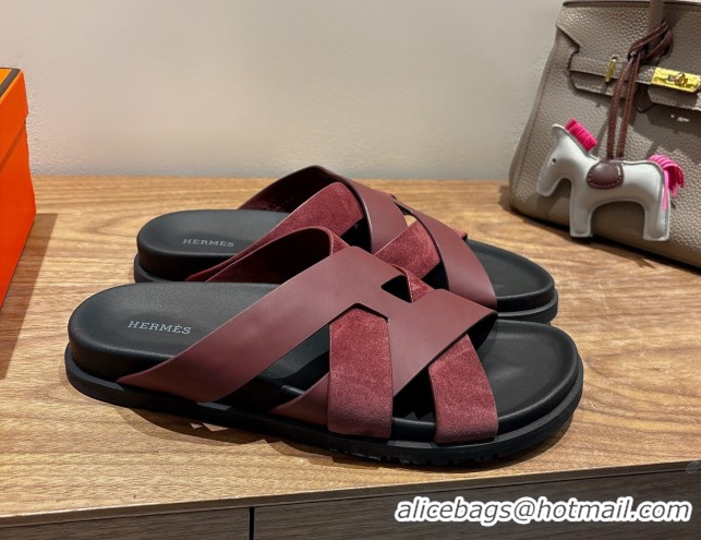 Pretty Style Hermes Kazimir Flat Slides Sandal in Woven Suede and Calfskin Leather Burgundy 0419093
