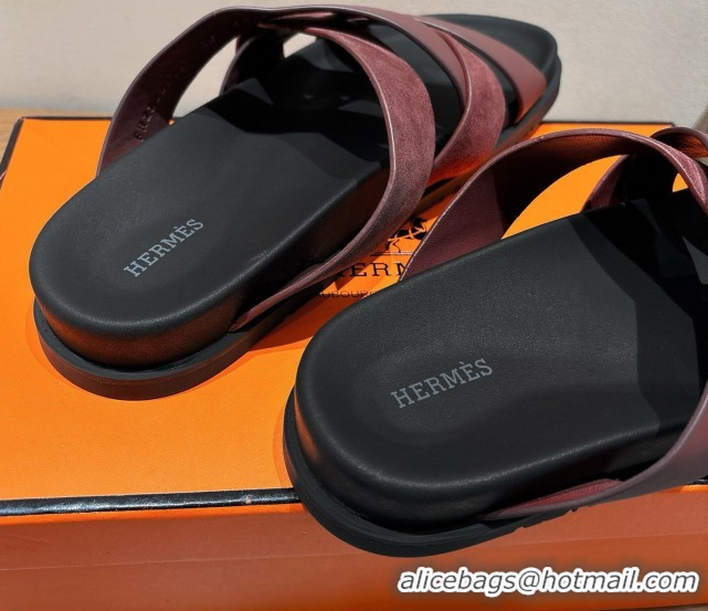Pretty Style Hermes Kazimir Flat Slides Sandal in Woven Suede and Calfskin Leather Burgundy 0419093
