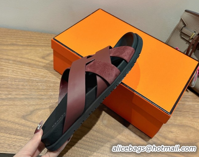 Pretty Style Hermes Kazimir Flat Slides Sandal in Woven Suede and Calfskin Leather Burgundy 0419093