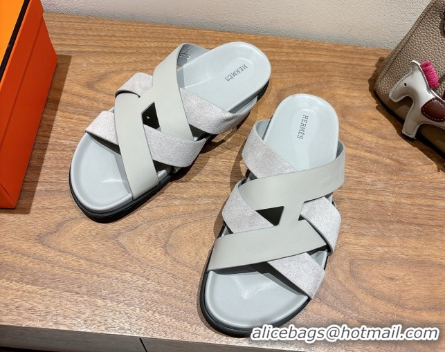 Unique Discount Hermes Kazimir Flat Slides Sandal in Woven Suede and Calfskin Leather Light Grey 0419094