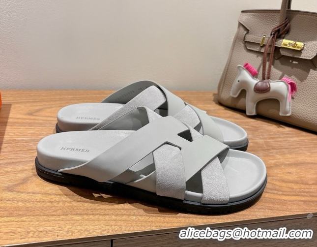Unique Discount Hermes Kazimir Flat Slides Sandal in Woven Suede and Calfskin Leather Light Grey 0419094