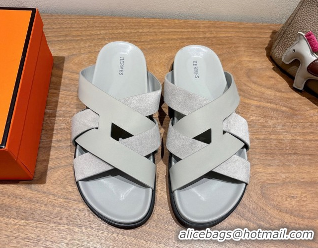 Unique Discount Hermes Kazimir Flat Slides Sandal in Woven Suede and Calfskin Leather Light Grey 0419094