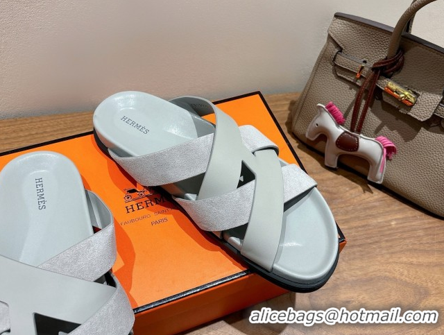 Unique Discount Hermes Kazimir Flat Slides Sandal in Woven Suede and Calfskin Leather Light Grey 0419094