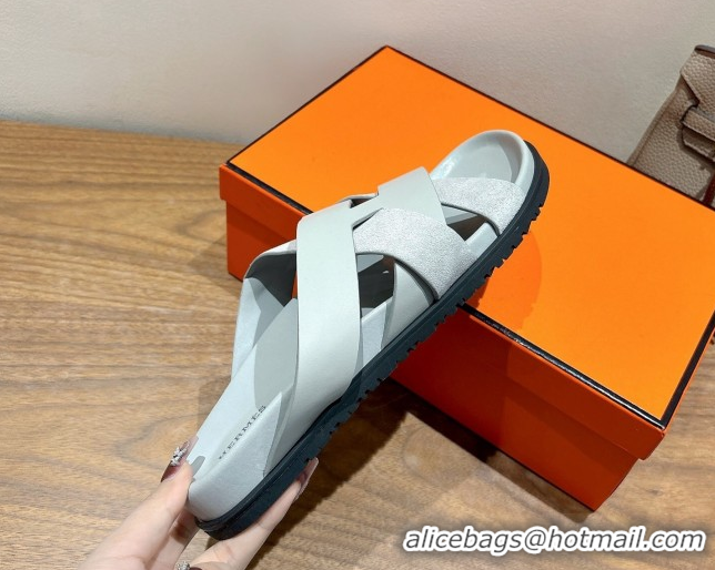 Unique Discount Hermes Kazimir Flat Slides Sandal in Woven Suede and Calfskin Leather Light Grey 0419094