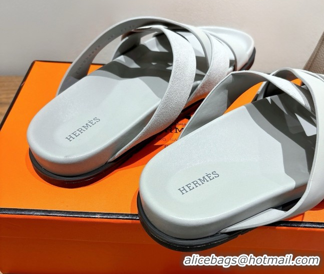 Unique Discount Hermes Kazimir Flat Slides Sandal in Woven Suede and Calfskin Leather Light Grey 0419094