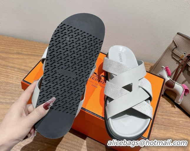 Unique Discount Hermes Kazimir Flat Slides Sandal in Woven Suede and Calfskin Leather Light Grey 0419094