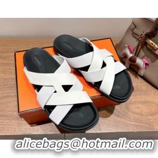 Durable Hermes Kazimir Flat Slides Sandal in Woven Suede and Calfskin Leather White 0419095