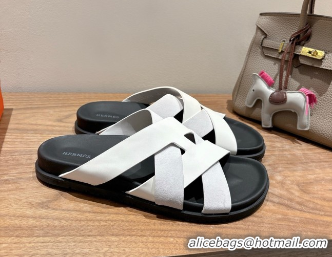 Durable Hermes Kazimir Flat Slides Sandal in Woven Suede and Calfskin Leather White 0419095