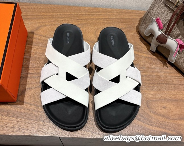 Durable Hermes Kazimir Flat Slides Sandal in Woven Suede and Calfskin Leather White 0419095
