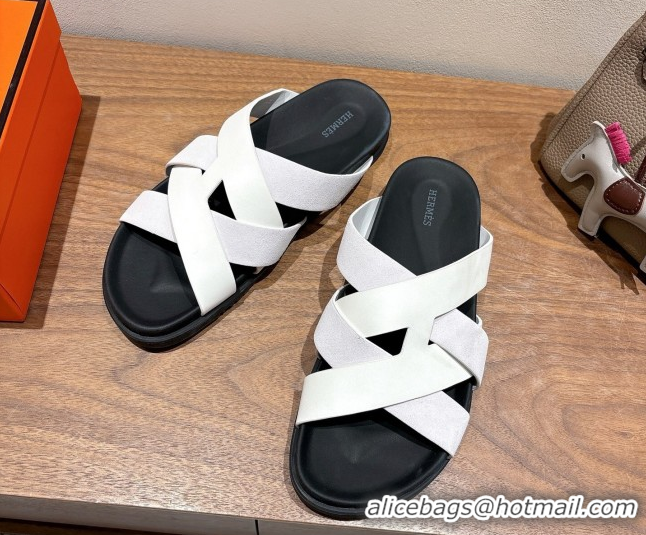 Durable Hermes Kazimir Flat Slides Sandal in Woven Suede and Calfskin Leather White 0419095