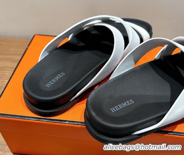 Durable Hermes Kazimir Flat Slides Sandal in Woven Suede and Calfskin Leather White 0419095