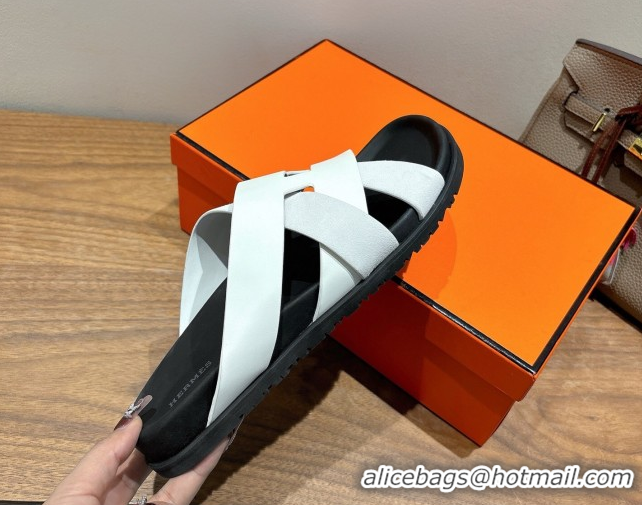 Durable Hermes Kazimir Flat Slides Sandal in Woven Suede and Calfskin Leather White 0419095