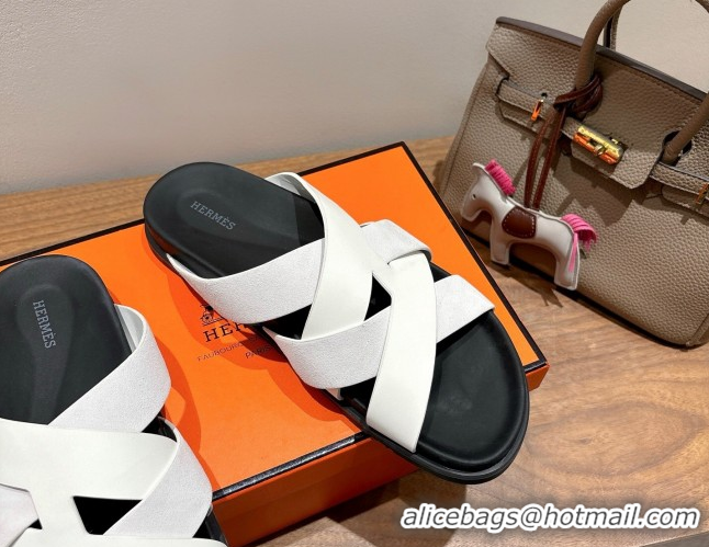 Durable Hermes Kazimir Flat Slides Sandal in Woven Suede and Calfskin Leather White 0419095
