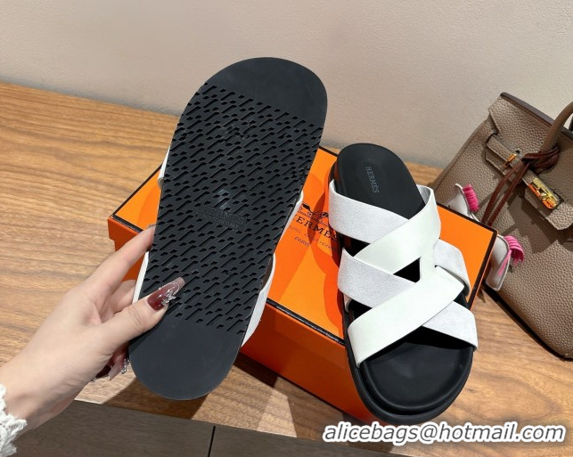 Durable Hermes Kazimir Flat Slides Sandal in Woven Suede and Calfskin Leather White 0419095