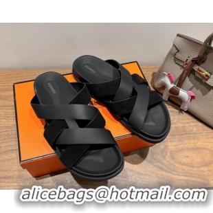 Best Price Hermes Kazimir Flat Slides Sandal in Woven Suede and Calfskin Leather Black 0419096