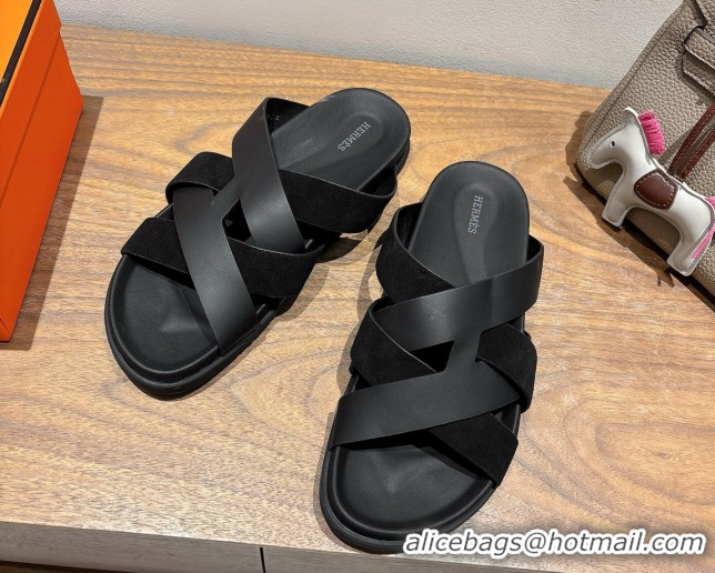 Best Price Hermes Kazimir Flat Slides Sandal in Woven Suede and Calfskin Leather Black 0419096