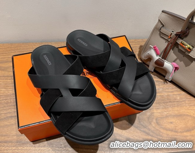 Best Price Hermes Kazimir Flat Slides Sandal in Woven Suede and Calfskin Leather Black 0419096
