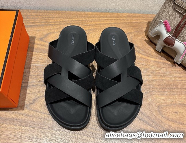 Best Price Hermes Kazimir Flat Slides Sandal in Woven Suede and Calfskin Leather Black 0419096