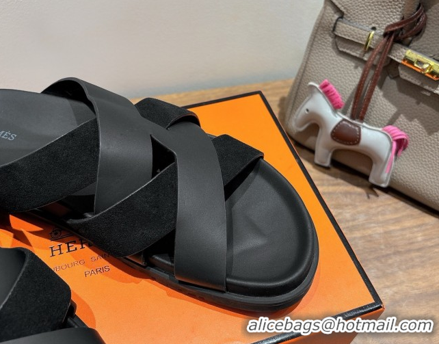 Best Price Hermes Kazimir Flat Slides Sandal in Woven Suede and Calfskin Leather Black 0419096