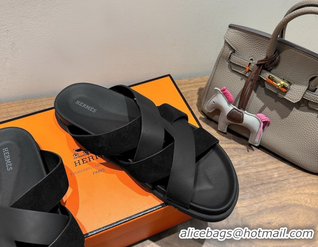 Best Price Hermes Kazimir Flat Slides Sandal in Woven Suede and Calfskin Leather Black 0419096