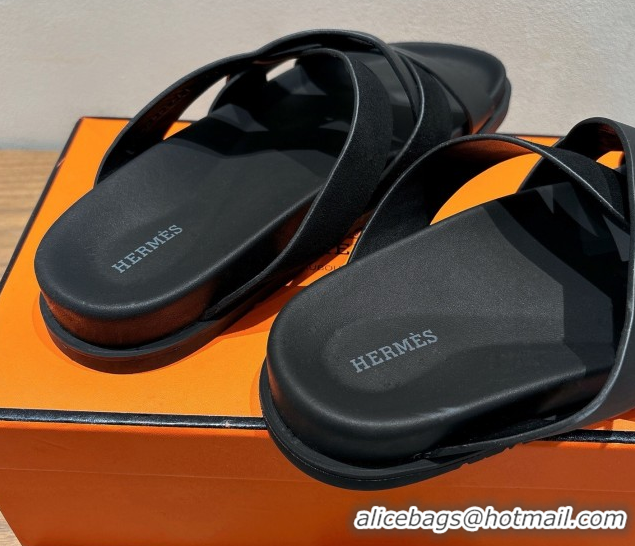 Best Price Hermes Kazimir Flat Slides Sandal in Woven Suede and Calfskin Leather Black 0419096