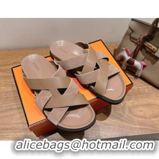 Stylish Hermes Kazimir Flat Slides Sandal in Woven Suede and Calfskin Leather Elephant Grey 0419097