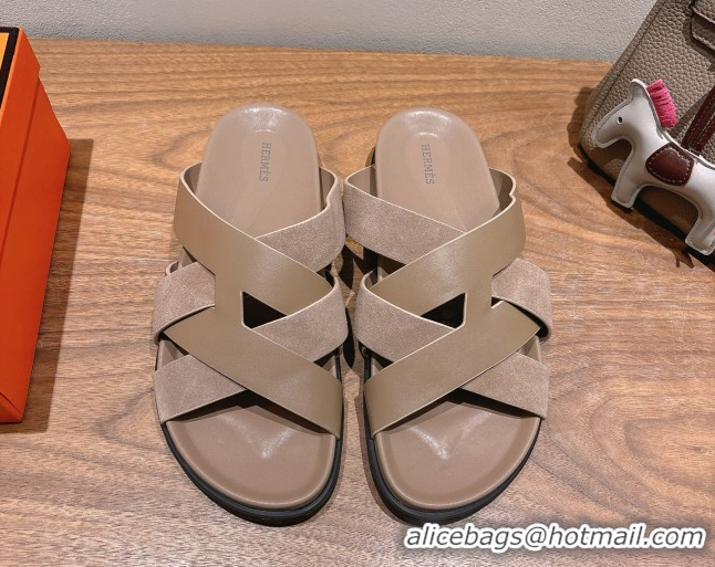 Stylish Hermes Kazimir Flat Slides Sandal in Woven Suede and Calfskin Leather Elephant Grey 0419097
