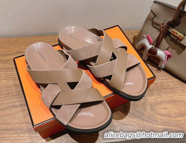 Stylish Hermes Kazimir Flat Slides Sandal in Woven Suede and Calfskin Leather Elephant Grey 0419097