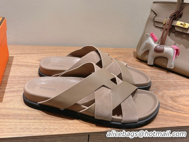 Stylish Hermes Kazimir Flat Slides Sandal in Woven Suede and Calfskin Leather Elephant Grey 0419097