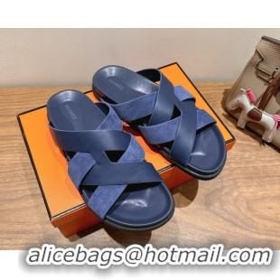 Buy Luxury Hermes Kazimir Flat Slides Sandal in Woven Suede and Calfskin Leather Navy Blue 0419098