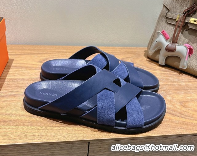 Buy Luxury Hermes Kazimir Flat Slides Sandal in Woven Suede and Calfskin Leather Navy Blue 0419098