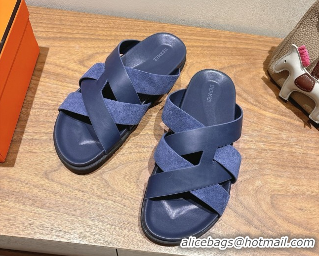 Buy Luxury Hermes Kazimir Flat Slides Sandal in Woven Suede and Calfskin Leather Navy Blue 0419098