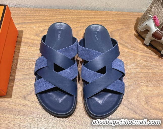 Buy Luxury Hermes Kazimir Flat Slides Sandal in Woven Suede and Calfskin Leather Navy Blue 0419098