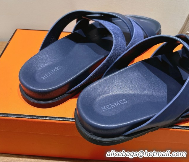 Buy Luxury Hermes Kazimir Flat Slides Sandal in Woven Suede and Calfskin Leather Navy Blue 0419098
