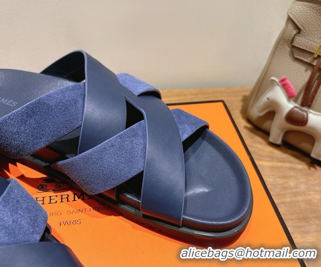 Buy Luxury Hermes Kazimir Flat Slides Sandal in Woven Suede and Calfskin Leather Navy Blue 0419098