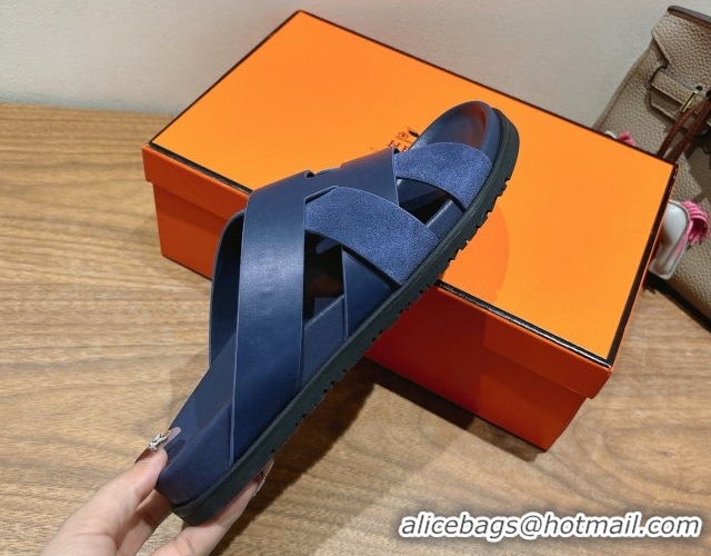 Buy Luxury Hermes Kazimir Flat Slides Sandal in Woven Suede and Calfskin Leather Navy Blue 0419098
