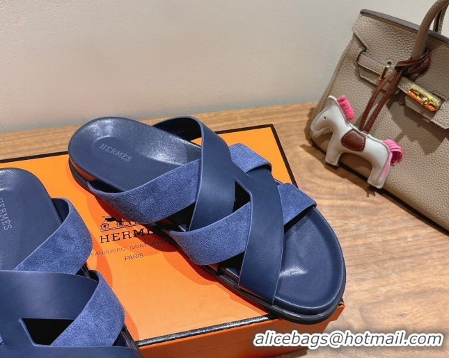 Buy Luxury Hermes Kazimir Flat Slides Sandal in Woven Suede and Calfskin Leather Navy Blue 0419098