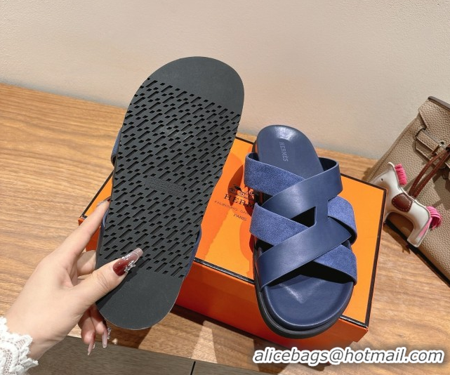 Buy Luxury Hermes Kazimir Flat Slides Sandal in Woven Suede and Calfskin Leather Navy Blue 0419098