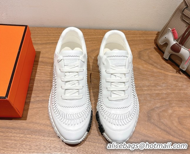Classic Hot Hermes Bouncing Sneakers in Calfskin Leather with Braided Detail White 0419099