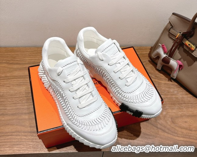 Classic Hot Hermes Bouncing Sneakers in Calfskin Leather with Braided Detail White 0419099