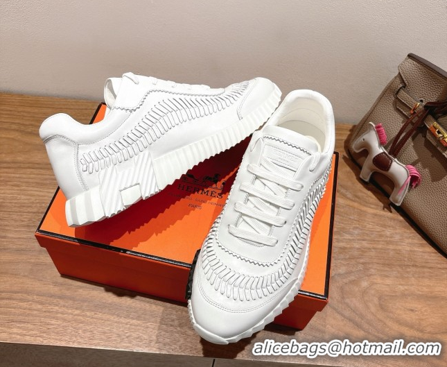 Classic Hot Hermes Bouncing Sneakers in Calfskin Leather with Braided Detail White 0419099
