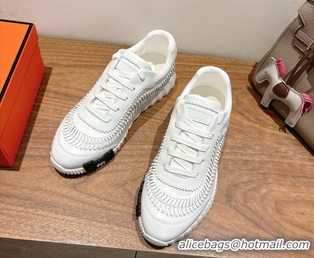 Classic Hot Hermes Bouncing Sneakers in Calfskin Leather with Braided Detail White 0419099