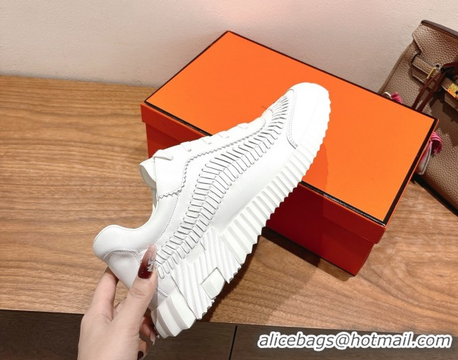 Classic Hot Hermes Bouncing Sneakers in Calfskin Leather with Braided Detail White 0419099
