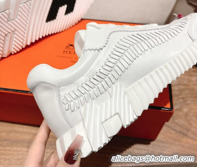 Classic Hot Hermes Bouncing Sneakers in Calfskin Leather with Braided Detail White 0419099
